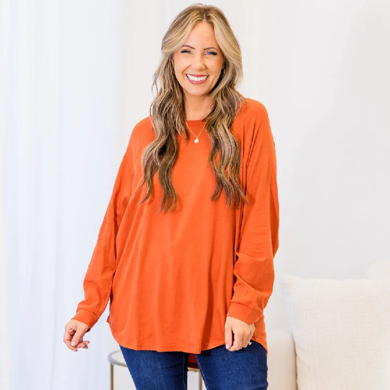 New Products Curved Hem Slouchy Dolman Tunic, Rust