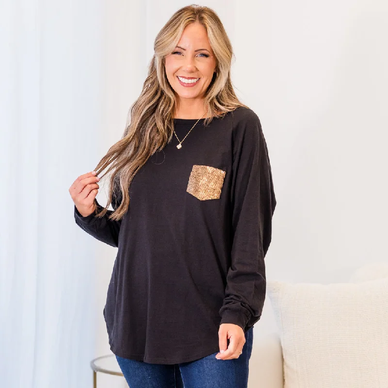 End Of The Year Curved Hem Slouchy Dolman Tunic, Black Sequin