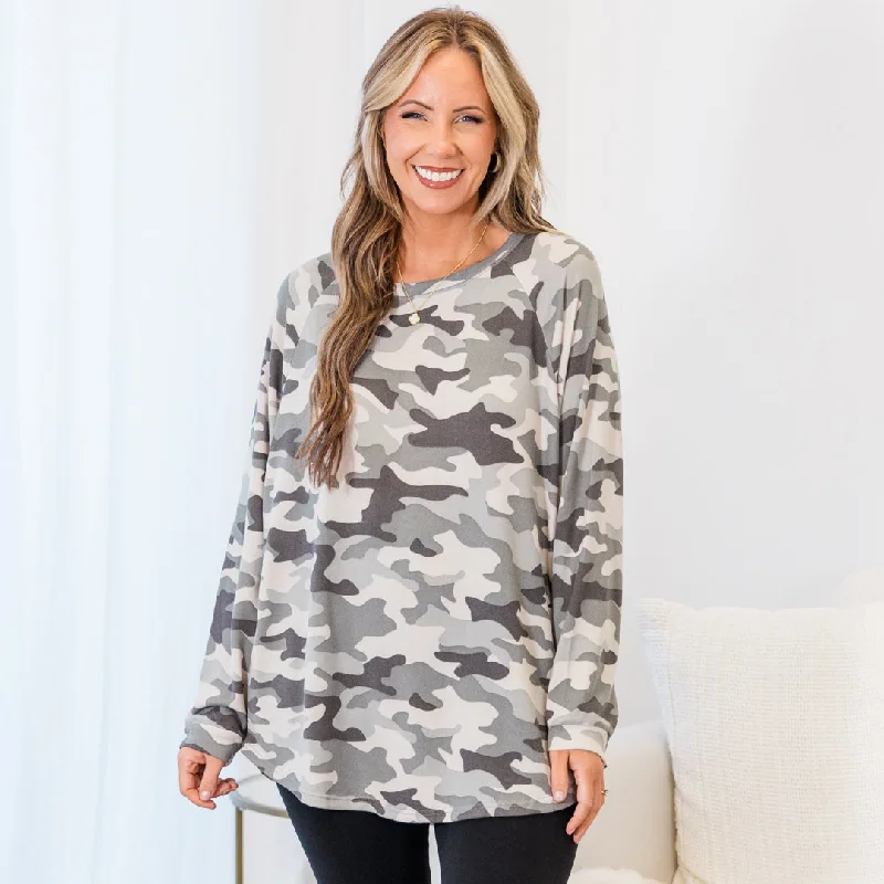 Energy Wear Curved Hem Slouchy Dolman Tunic, Camo Gray