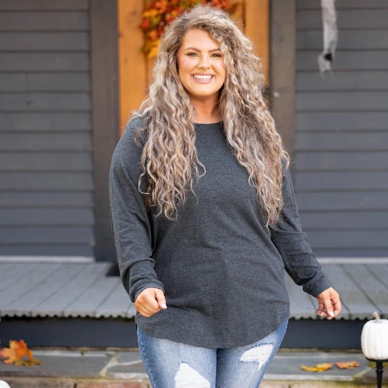 Youthful Vitality Curved Hem Slouchy Dolman Tunic, Charcoal