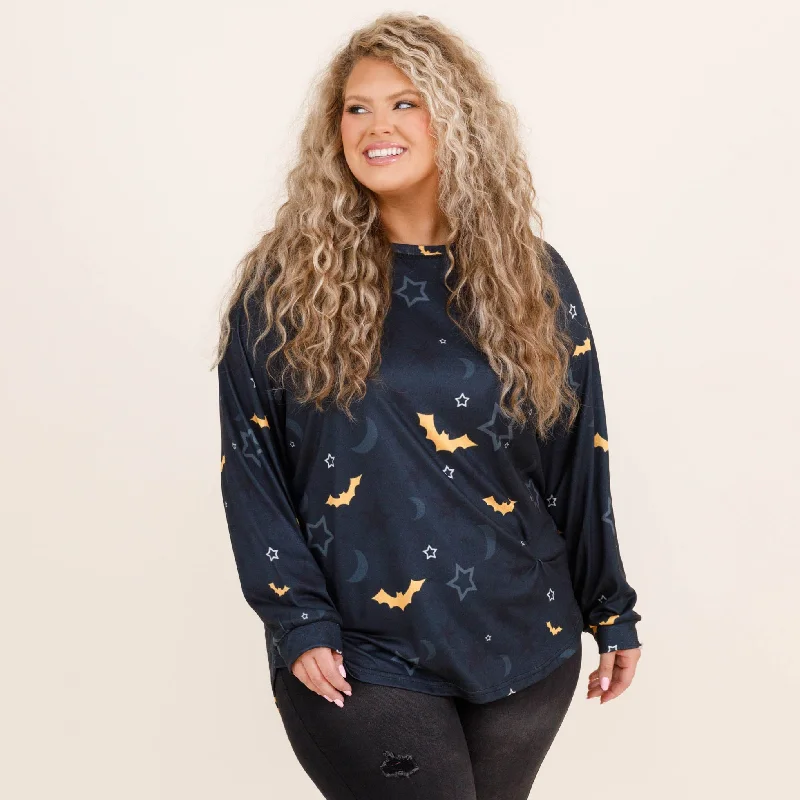 Easy Fashion Curved Hem Slouchy Dolman Tunic, Festive Bats
