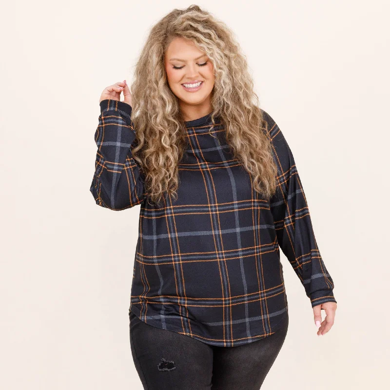 Bright Colors Curved Hem Slouchy Dolman Tunic, Gray Plaid