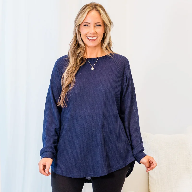 Fresh Wear Curved Hem Slouchy Dolman Tunic, Navy Thermal