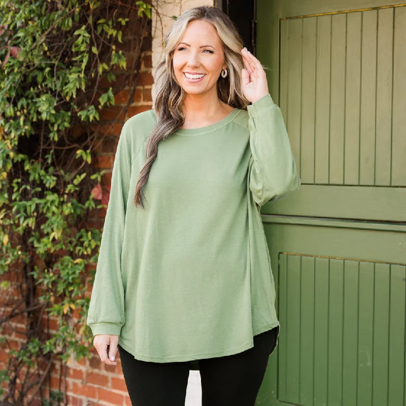 Simple Design Curved Hem Slouchy Dolman Tunic, Sage