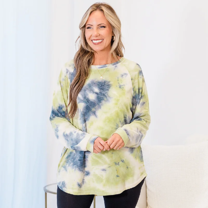 Economic Outlook Curved Hem Slouchy Dolman Tunic, Tie Dye Olive