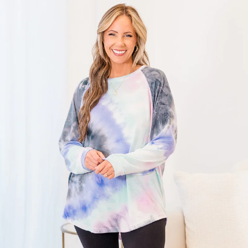 American Style Curved Hem Slouchy Dolman Tunic, Tie Dye Pink & Blue