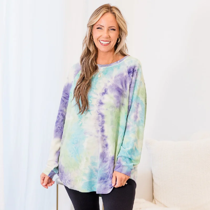 Retro Fashion Curved Hem Slouchy Dolman Tunic, Tie Dye Purple