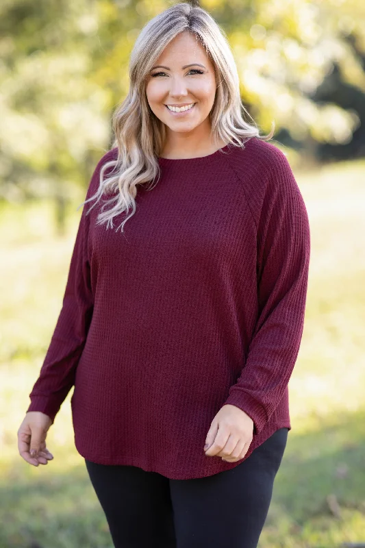 Fashion And Simplicity Curved Hem Slouchy Dolman Tunic, Wine Thermal
