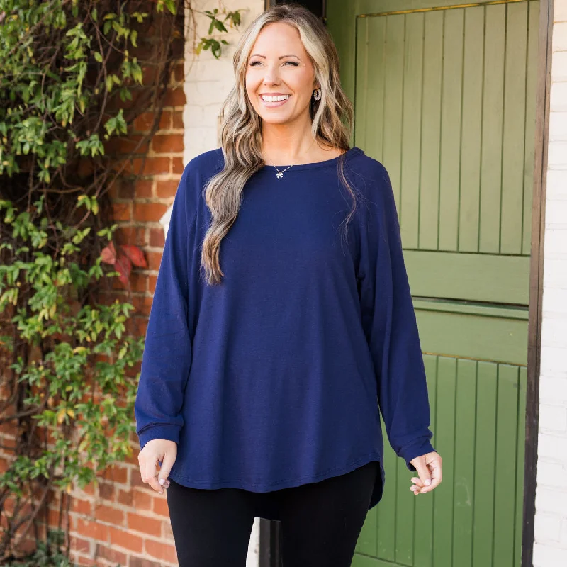 Must-have For Autumn And Winter Curved Hem Slouchy Dolman Tunic, Navy