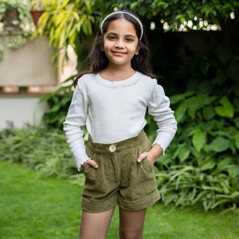 Comfy Chic Wear Girls - Sage Green Warm Cotton Corduroy Baggy Shorts