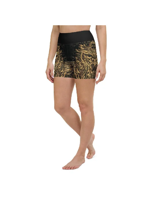 Embroidered Letters Golden Ornamental Owl Yoga Shorts