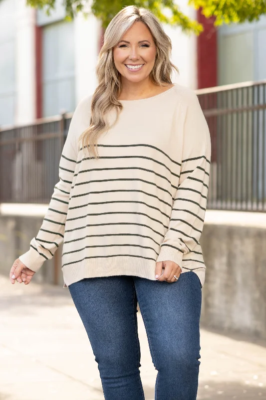 Relaxed Wear Heart By Heart Sweater, Oat/Dark Green