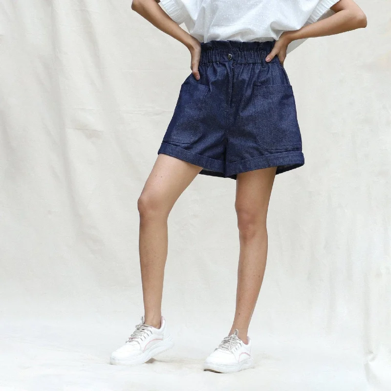Comfortable Looks Indigo Cotton Denim High-Rise Paperbag Elasticated Shorts