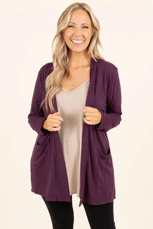 Playful Style Kindness and Compassion Cardigan, Eggplant