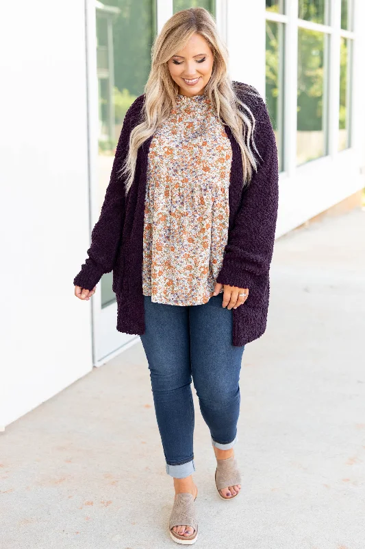 Classic Color Latte Lover Cardigan, Dark Plum