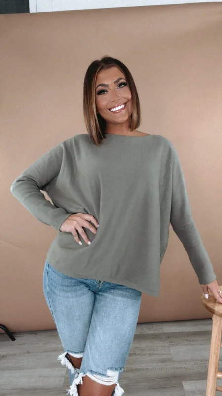 Street Fashion Level Up Basic Boat Neck Sweater, Olive Green