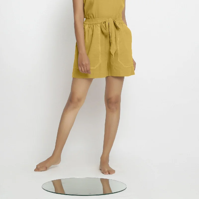 Relaxed And Casual Light Yellow 100% Cotton Elasticated Short Shorts