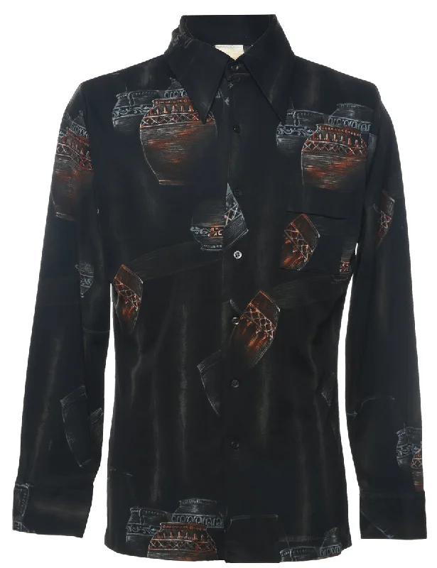 Denim Design Long Sleeved Black Patterned 1970s Shirt - L