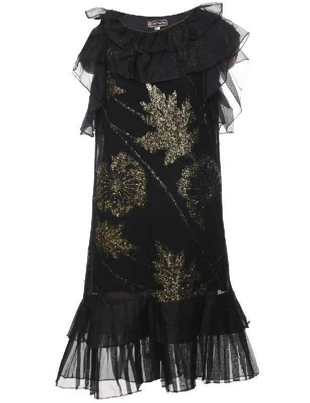 Cozy Chic Wear Lurex Thread Pattern Black & Gold Sparkly Ruffled Evening Dress - M