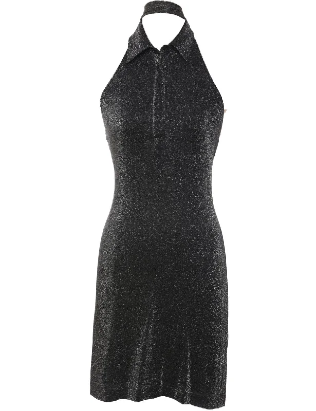 Relaxed Fashion Lurex Thread Pattern Black & Silver Sparkly Evening Dress - XS