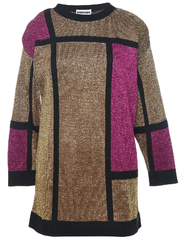 Weekend Comfort Wear Lurex Thread Pattern Gold & Pink 1980s Jumper - L