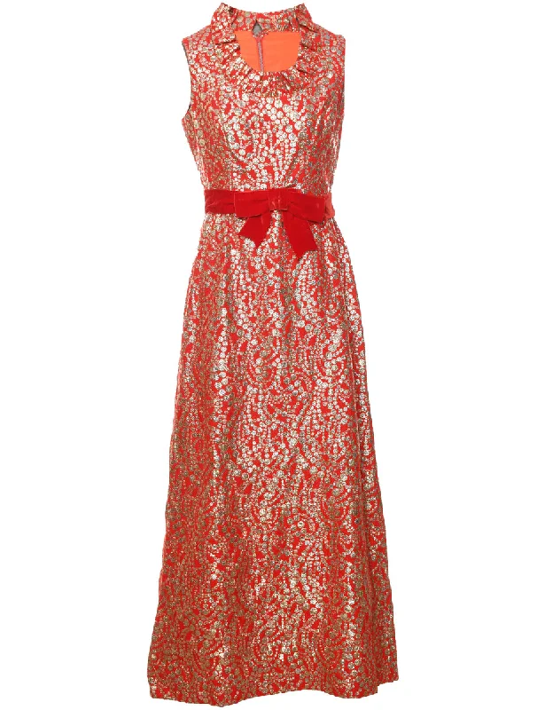 Cozy Essentials Wear Lurex Thread Pattern Red & Silver 1970s Maxi Evening Dress - XS