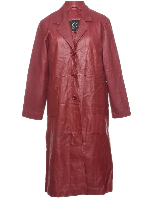 Fashionable And Fashionable Maroon Long Leather Jacket - L