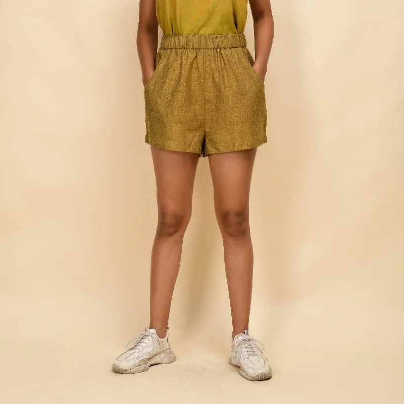 Embroidery Design Mustard Gold 100% Cotton Elasticated Short Shorts