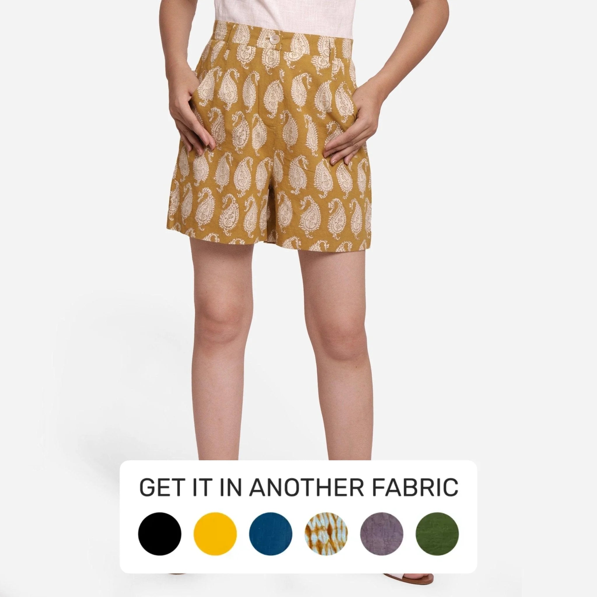 Cozy Fitting Mustard Paisley Block Print Cotton Shorts