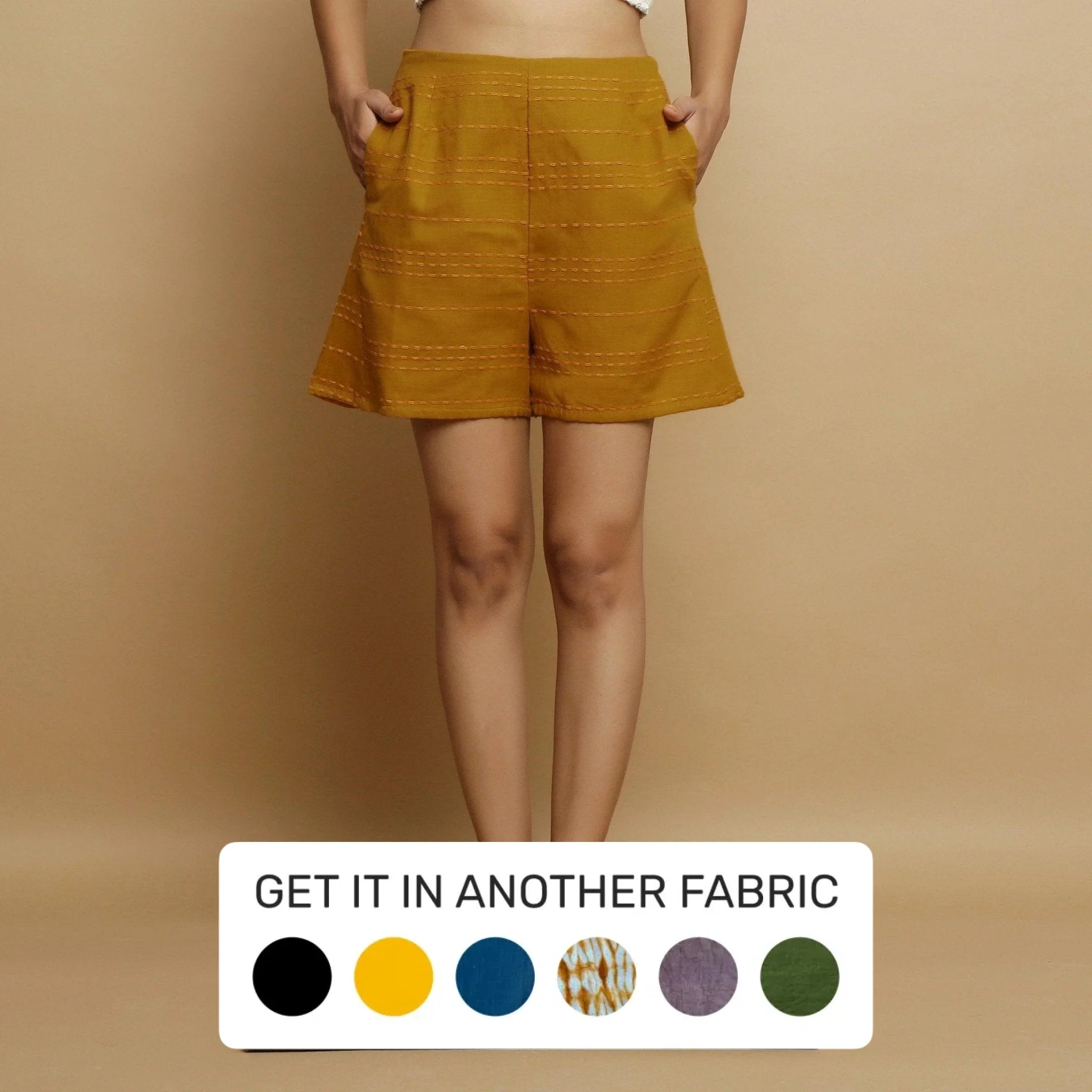 Daily Comfort Mustard Striped Handwoven Cotton Mid-Rise Godet Shorts