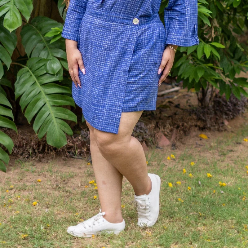 Artistic Temperament Navy Blue Checks Handspun Cotton High-Rise Skort