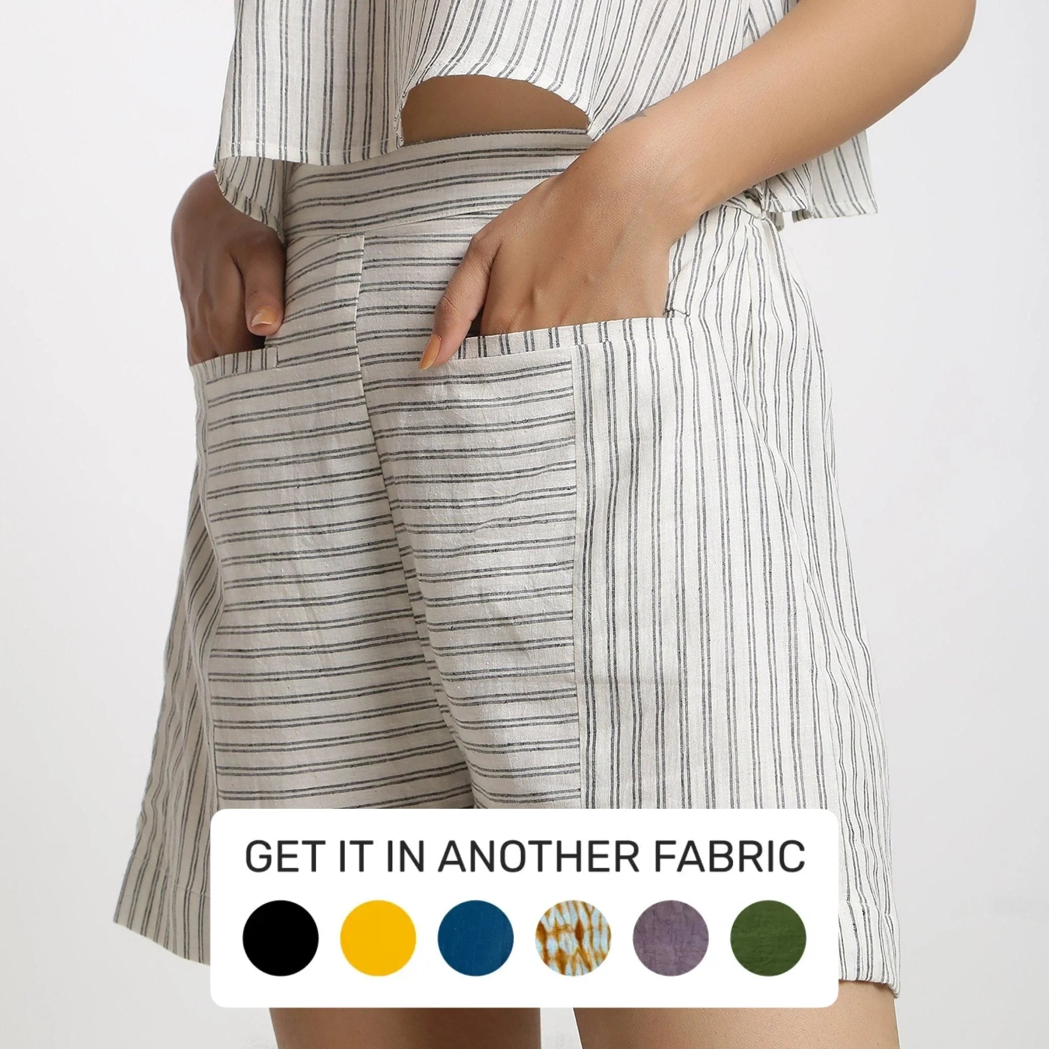 Elegant Series Off-White Cotton Muslin Striped Paneled Elasticated Shorts