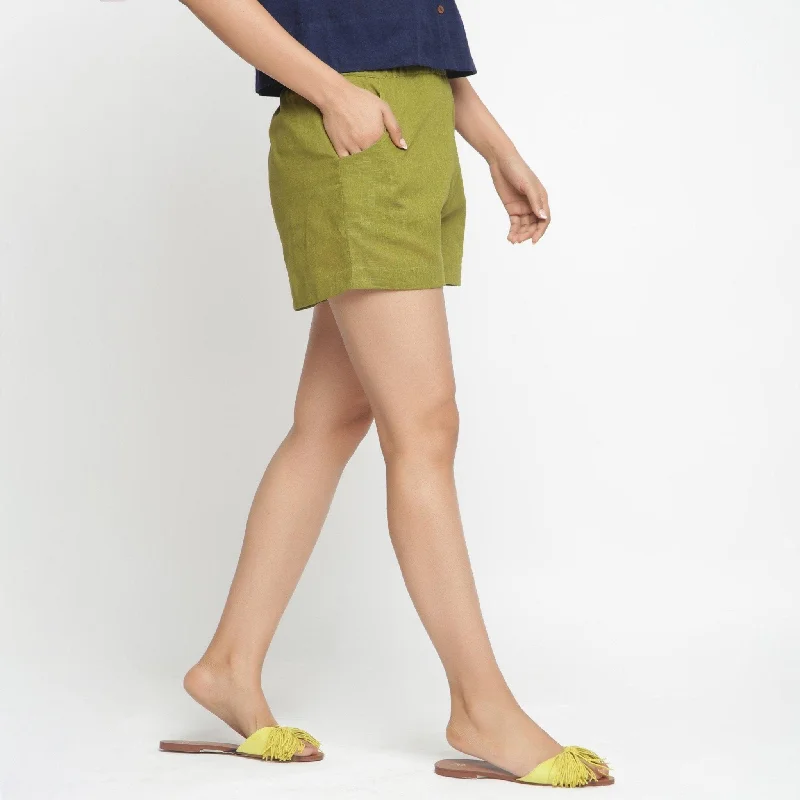 Tropical Style Olive Green Cotton Elasticated Short Shorts