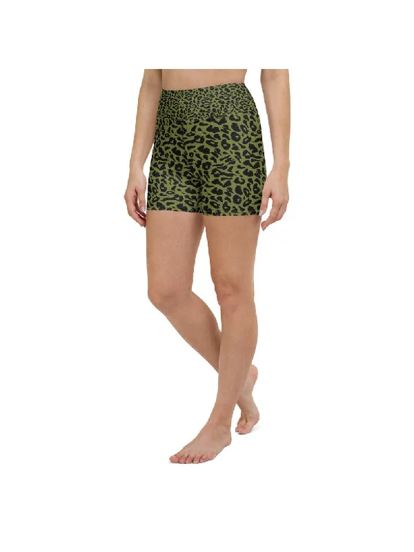 Refreshing Design Olive Green Leopard Skin Yoga Shorts