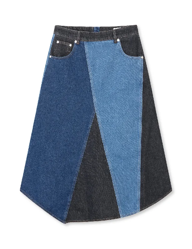 Casual Style Patch Denim Solrun Skirt, Mix Blue Denim