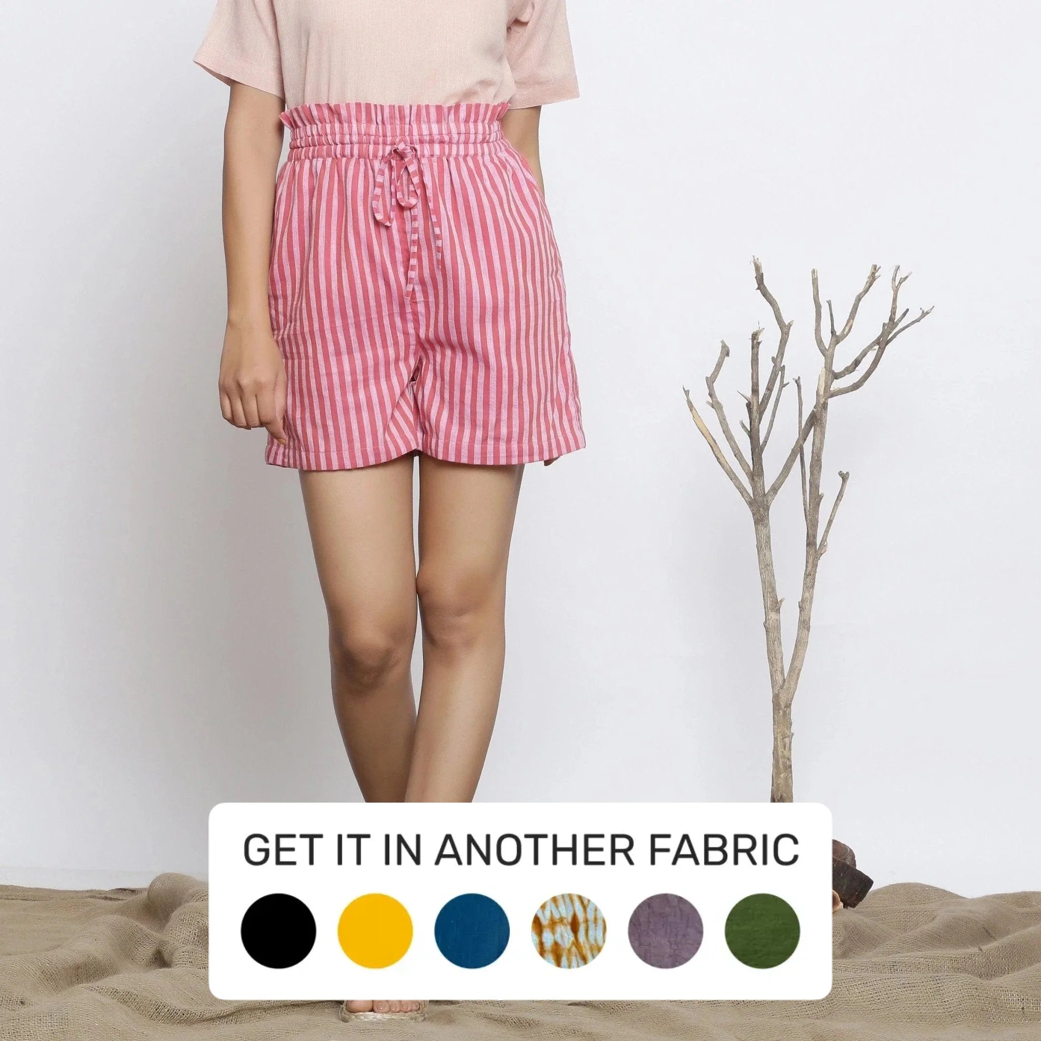 Exquisite Tailoring Pink Striped Cotton Muslin Elasticated Mid-Rise Paperbag Shorts