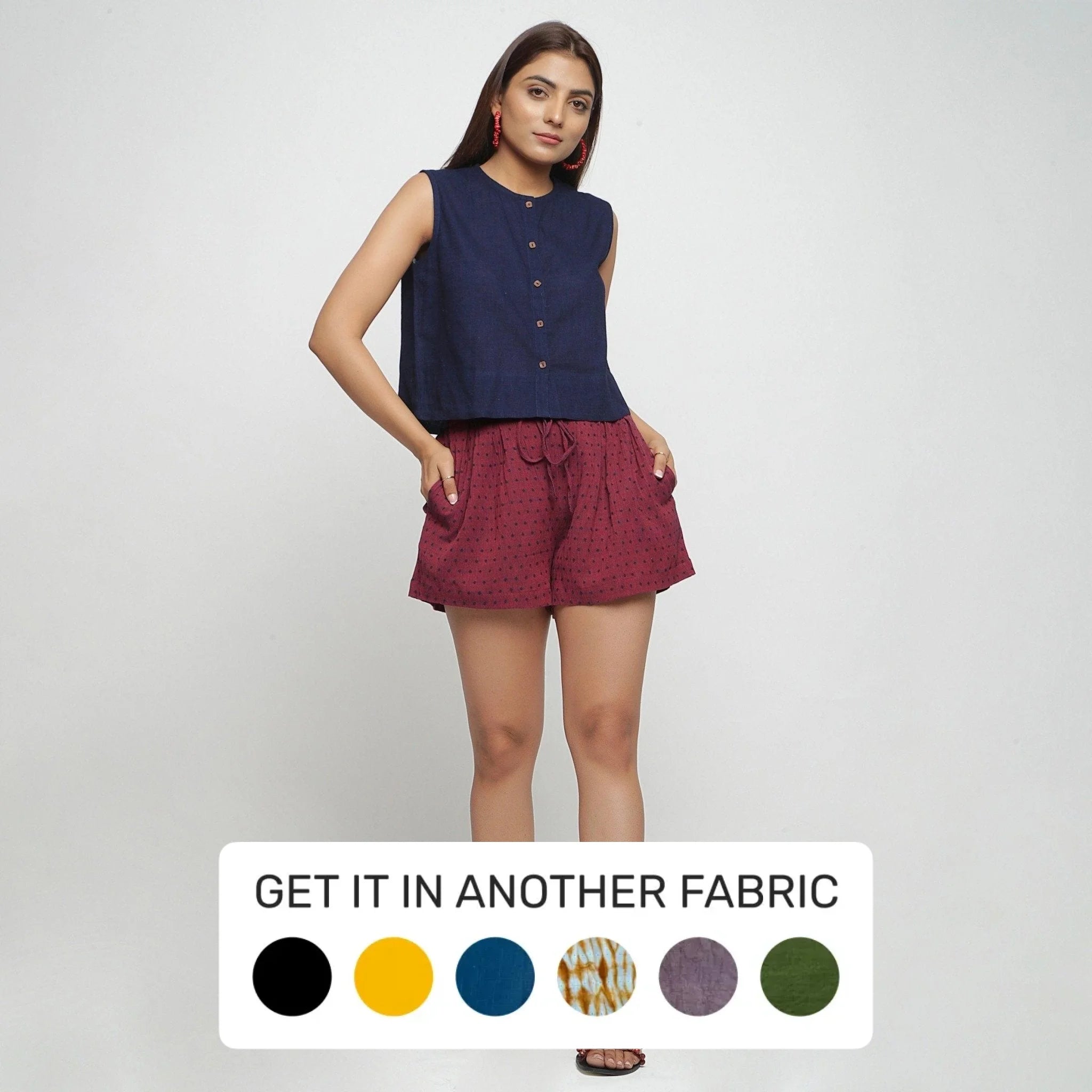 Feminine Charm Red Yarn Dyed Cotton Elasticated Mid-Rise Flared Shorts