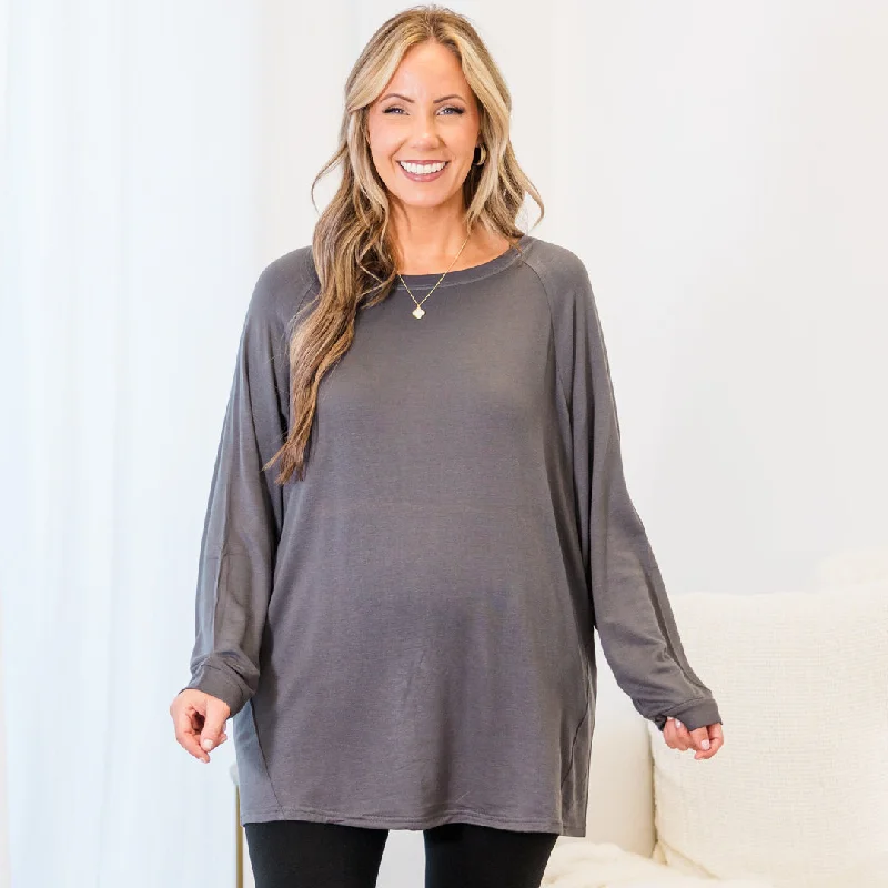 Printed Patterns Relaxed Hem Slouchy Dolman Tunic, Charcoal Fleece
