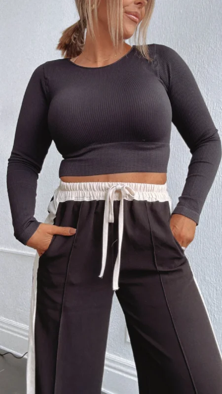 Fresh And Elegant Ribbed Long Sleeve Crew Neck Top, Black