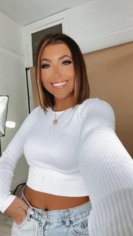 Goddess Outfit Ribbed Long Sleeve Crew Neck Top, White