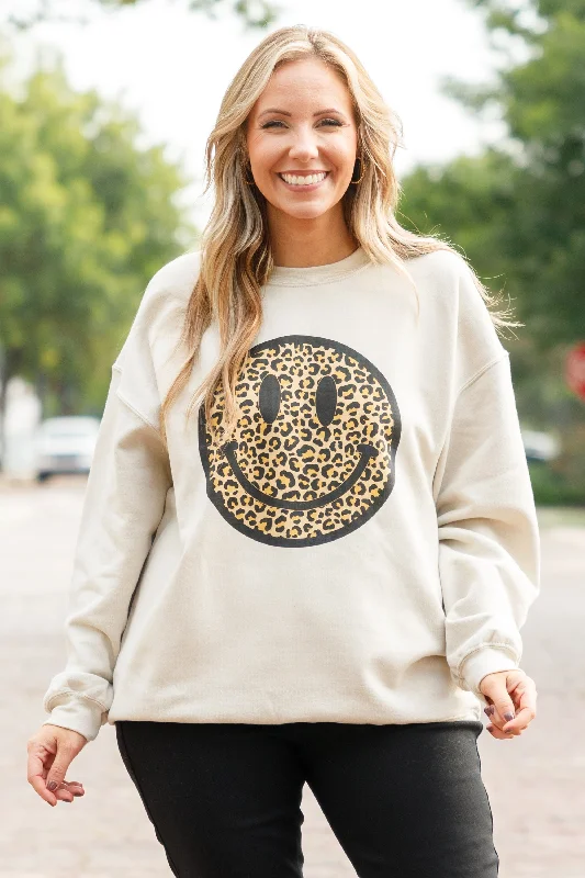 Stretch Design Smiley Face Sweatshirt, Sand