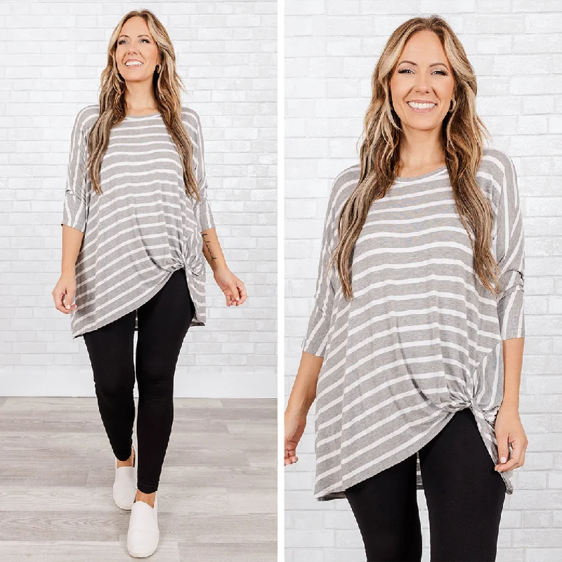 Embroidered Letters Steal Me Away Tunic, Gray Stripe