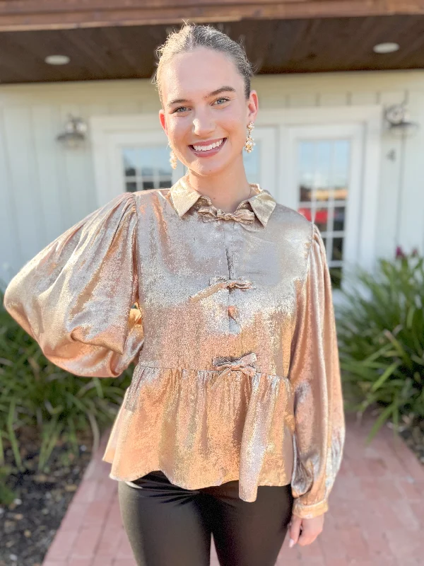 Exquisite Tailoring The Goldie Metallic Peplum Bow Top-Gold