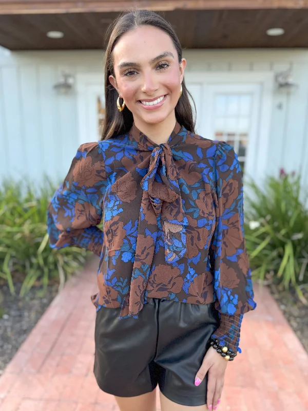 Soft Fashion The Lebe Floral Bow Collar Long Sleeve Top-Brown