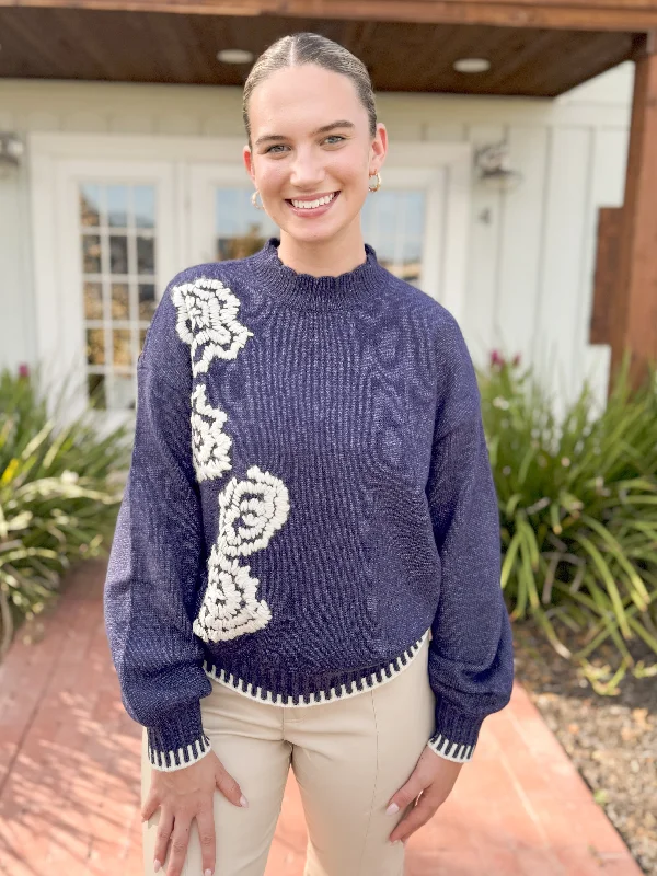 British Style The Leila Floral Embroidered Scallop Detail Mock Neck Sweater-Navy