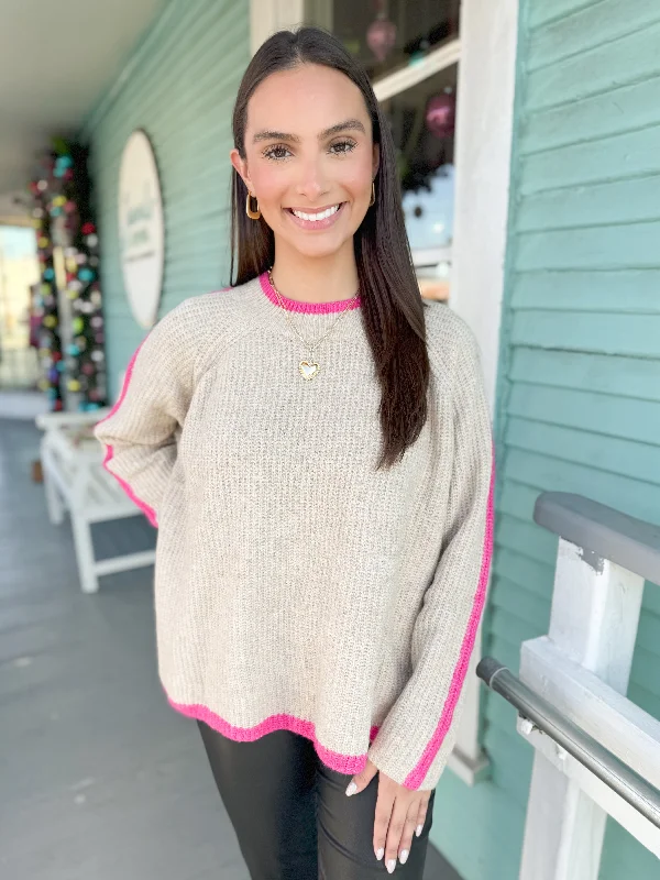 Trends The Margeret Magenta Stripe Long Sleeve Sweater-Taupe