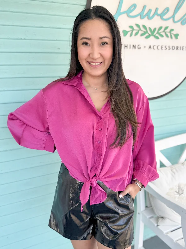 Lounge Chic The Raspberry Satin Front Tie Blouse