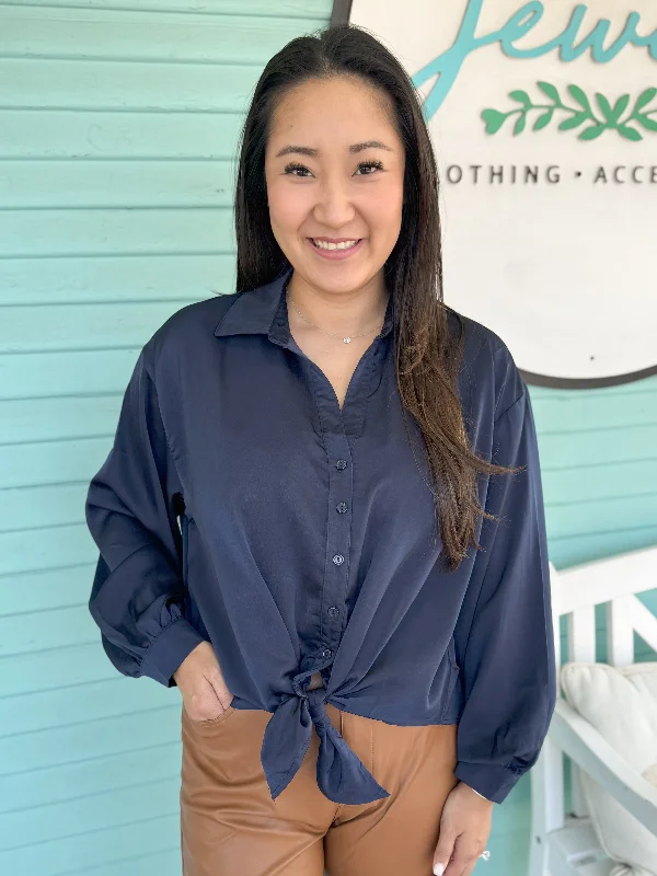 Versatile Comfort The Regan Satin Button Down Tie Top