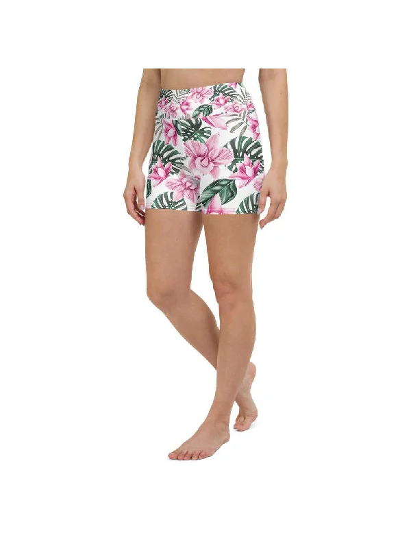 French Retro Tropical Floral White Yoga Shorts