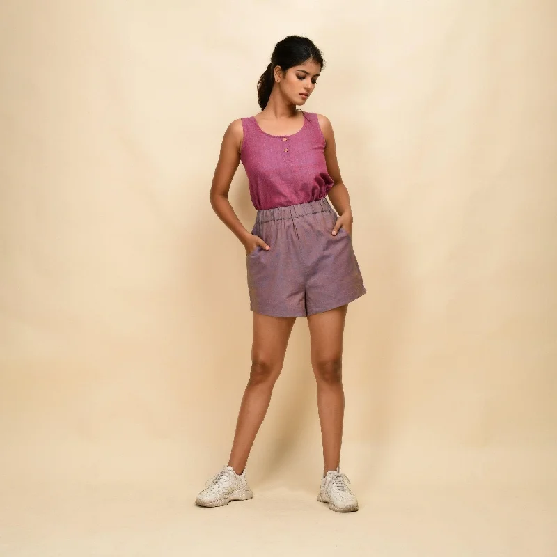 Refreshing Design Vintage Plum 100% Cotton Khadi Elasticated Mid-Rise Shorts